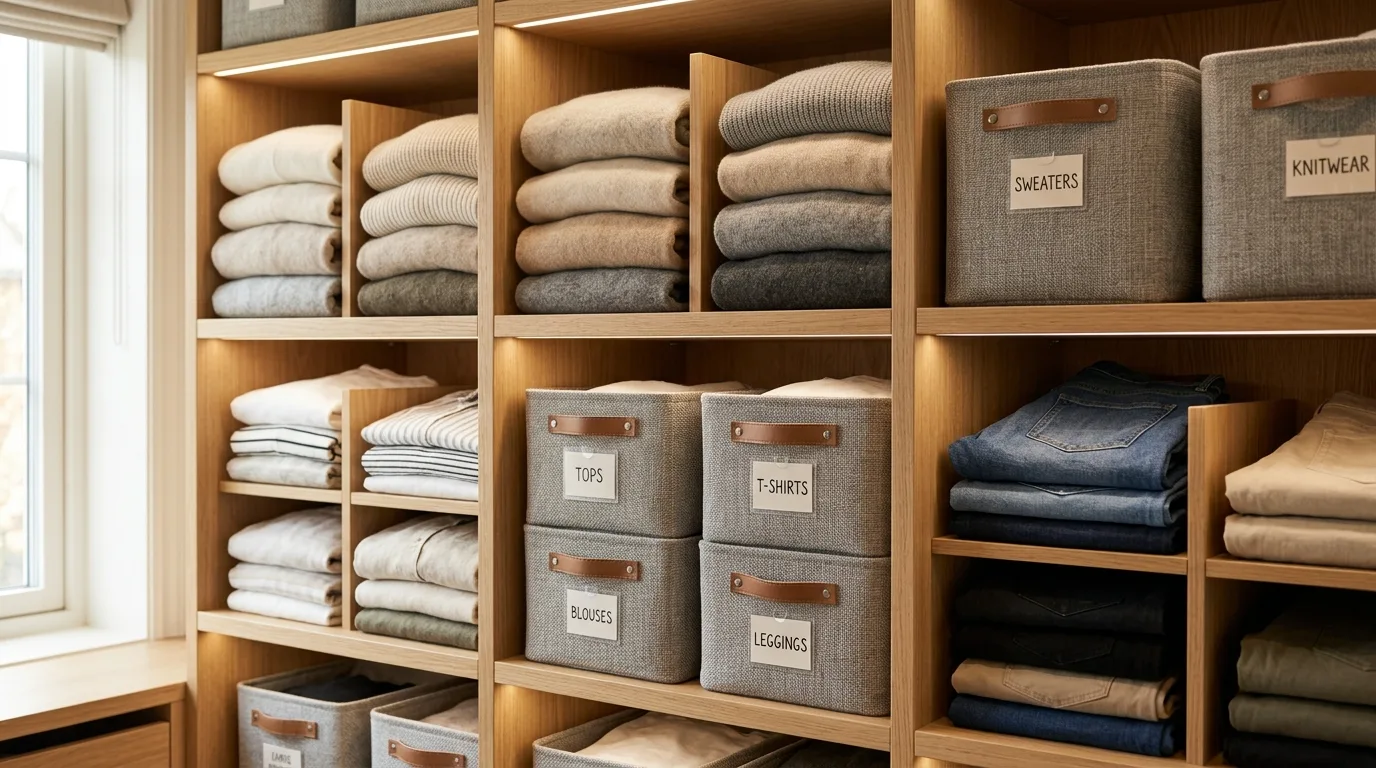Use open shelves for folded pieces and bins inspiration for a closet.